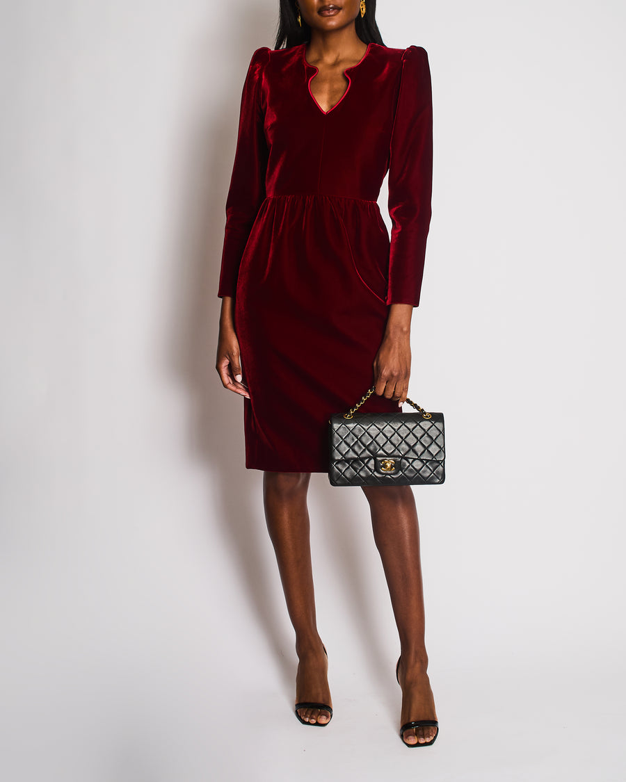 Saint Laurent Red Velvet Long Sleeve Dress with Shoulder Pad Detail Si –  Sellier