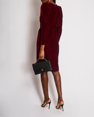 Saint Laurent Red Velvet Long Sleeve Dress with Shoulder Pad Detail Si Sellier Saint Laurent Red Velvet Long Sleeve Dress with Shoulder Pad Detail Si Sellier