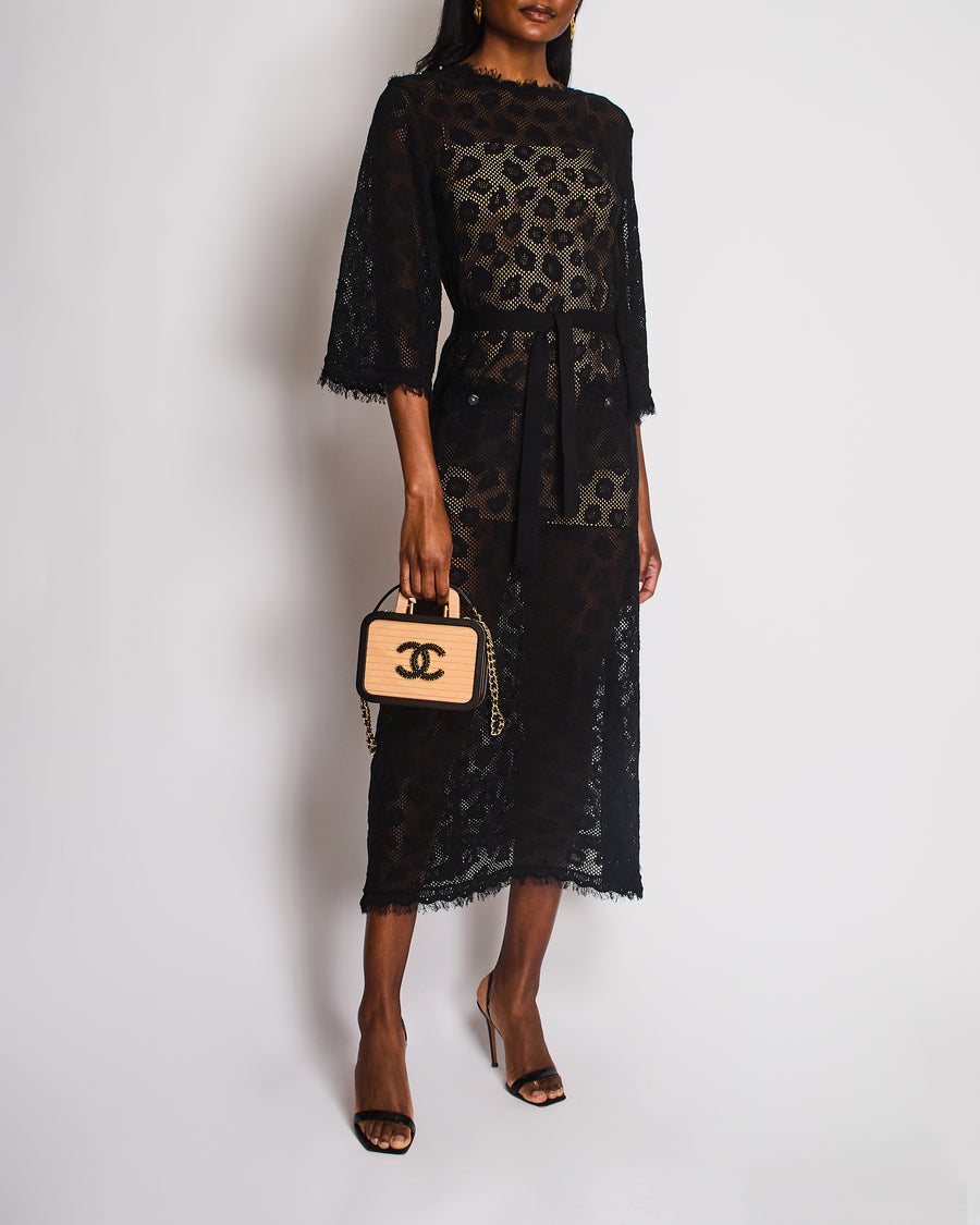 Chanel 22/P Black Long Sleeve Knitted Leopard Print Dress with Pocket Detail Size FR 36 (UK 8)