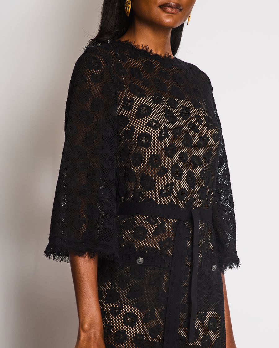 Chanel 22/P Black Long Sleeve Knitted Leopard Print Dress with Pocket Detail Size FR 36 (UK 8)