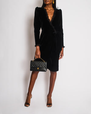 Saint Laurent Black Long Sleeve Velvet Wrap Dress with Lace Trim Detail Size FR 38 (UK 10)