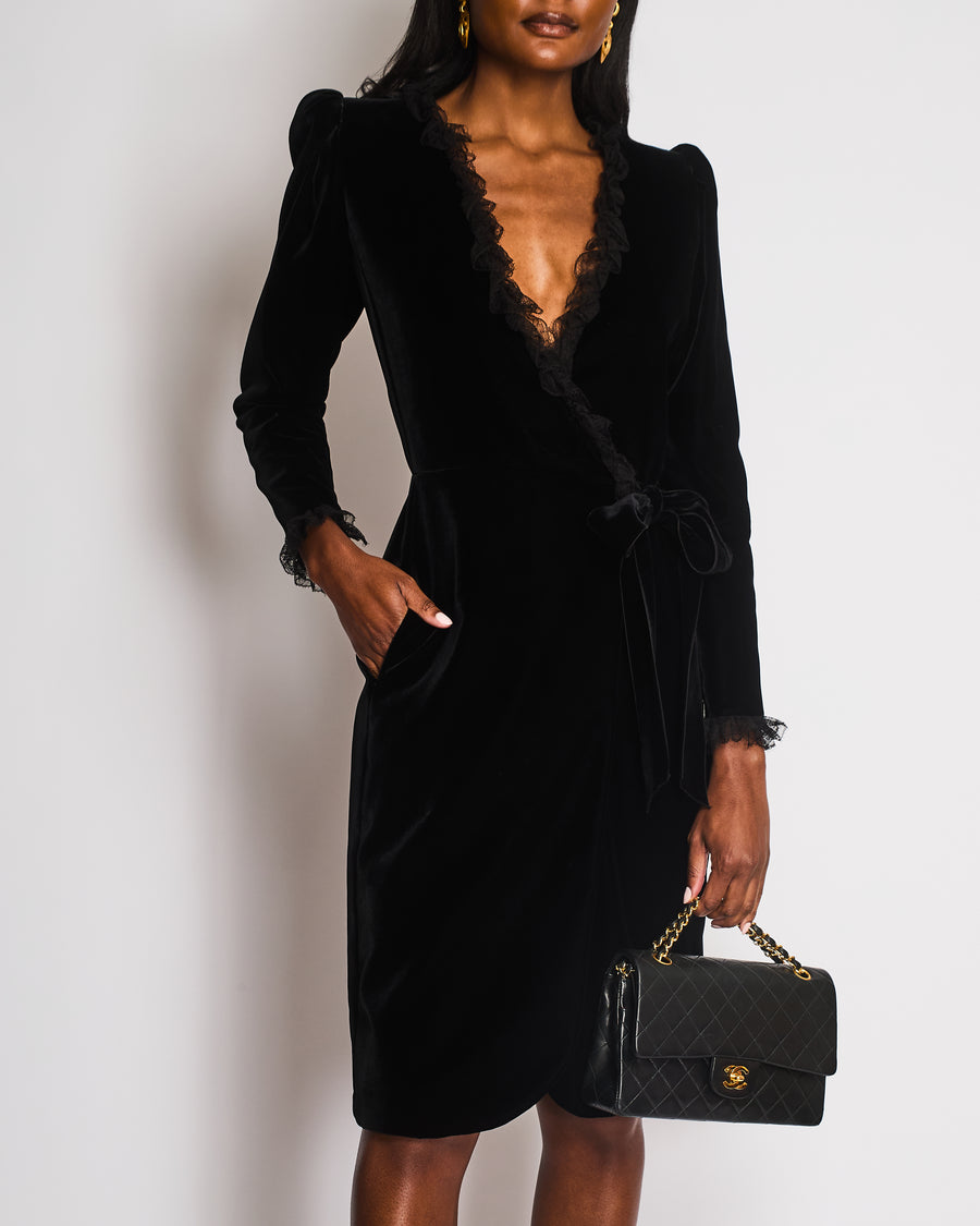 Saint Laurent Black Long Sleeve Velvet Wrap Dress with Lace Trim Detail Size FR 38 (UK 10)
