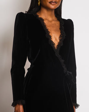 Saint Laurent Black Long Sleeve Velvet Wrap Dress with Lace Trim Detail Size FR 38 (UK 10)