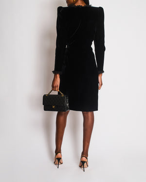Saint Laurent Black Long Sleeve Velvet Wrap Dress with Lace Trim Detail Size FR 38 (UK 10)