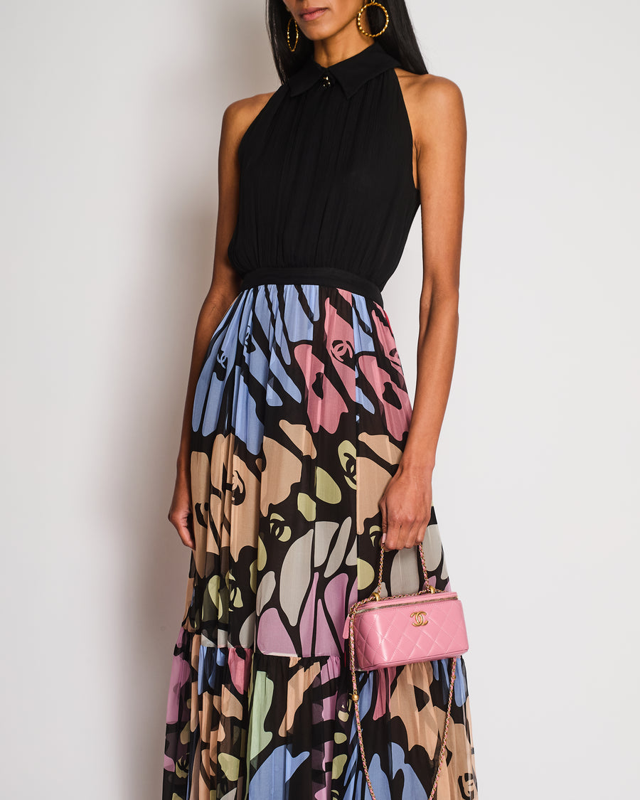 Chanel SS/22 Black Sleeveless Maxi Dress with Floral CC Panel Detail Size FR 36 (UK 8)