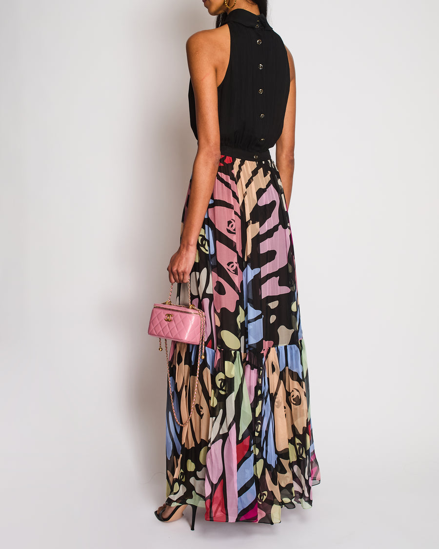 Chanel SS/22 Black Sleeveless Maxi Dress with Floral CC Panel Detail Size FR 36 (UK 8)