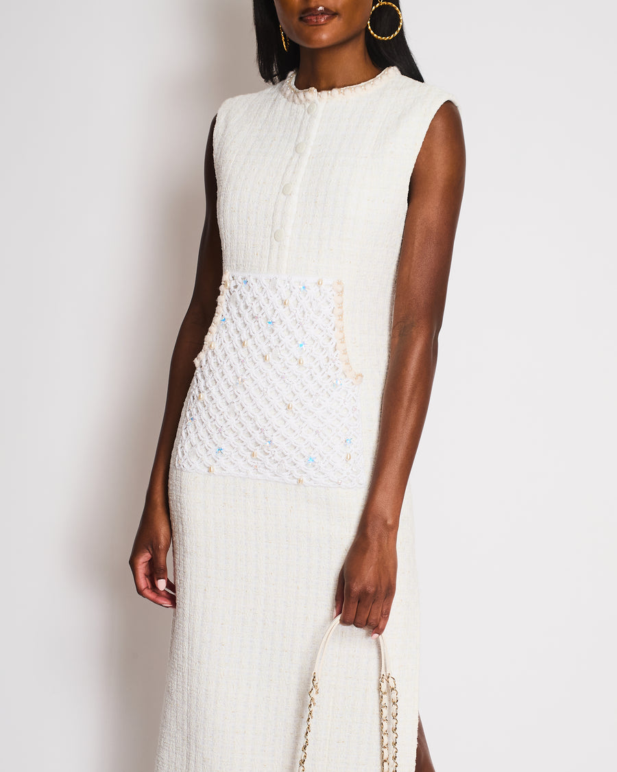 Chanel White Sleeveless Tweed Dress with Crochet Embellished Panel Detail Size FR 36 (UK 8)