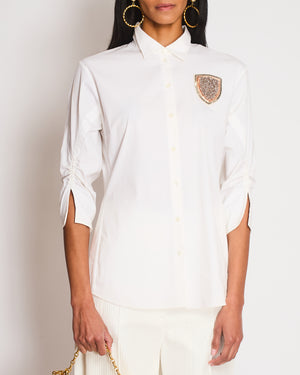 Christian Dior White Button Down Embellished Shirt with Ruched Arm Detail Size FR 40 (UK 12)