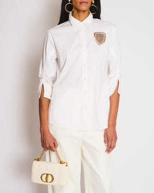 Christian Dior White Button Down Embellished Shirt with Ruched Arm Detail Size FR 40 (UK 12)