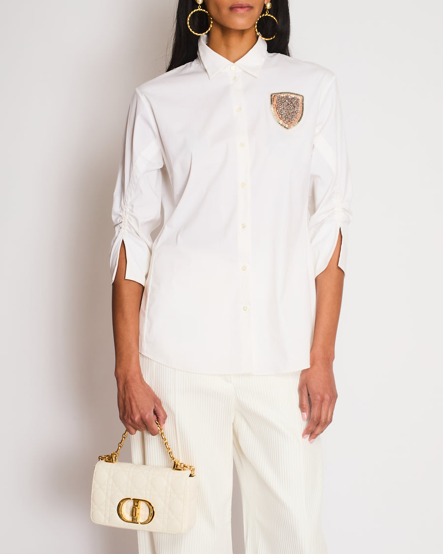 Christian Dior White Button Down Embellished Shirt with Ruched Arm Detail Size FR 40 (UK 12)