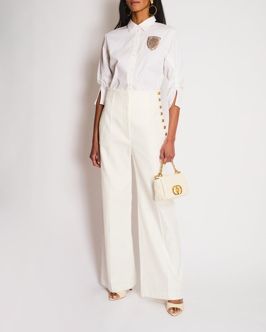 Christian Dior White Button Down Embellished Shirt with Ruched Arm Detail Size FR 40 (UK 12)