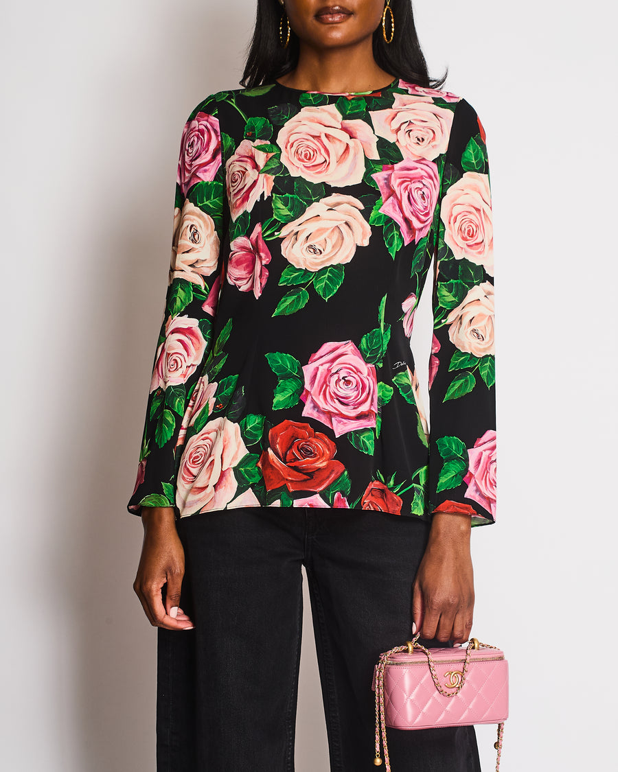 Dolce & Gabbana Black Round Neck Floral Long Sleeve Blouse Size IT 46 (UK 14)