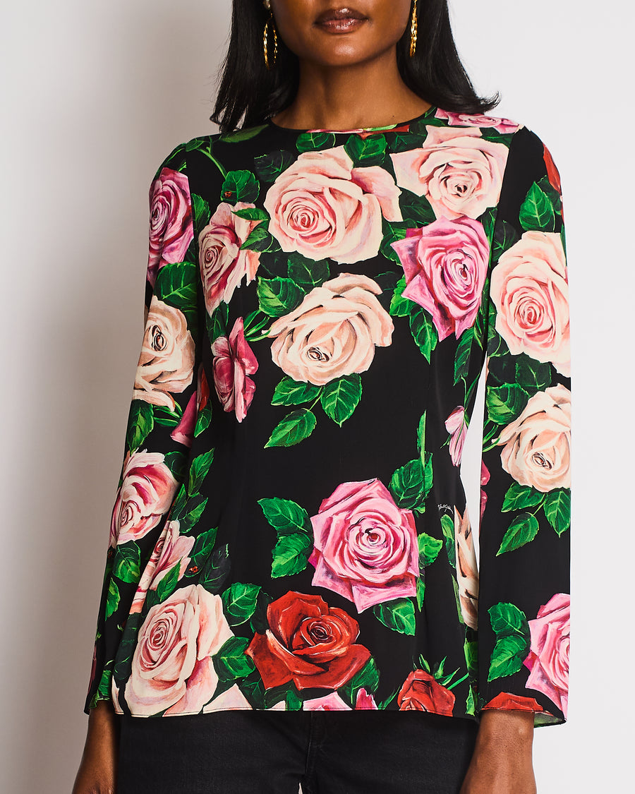 Dolce & Gabbana Black Round Neck Floral Long Sleeve Blouse Size IT 46 (UK 14)