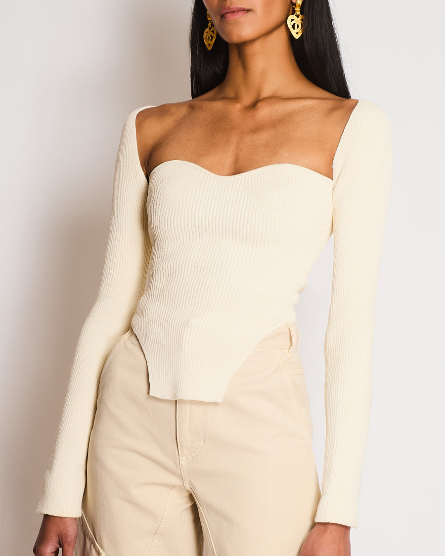 Khaite Ivory Ribbed Maddy Top with Sweetheart Neckline Size XS (UK 6)