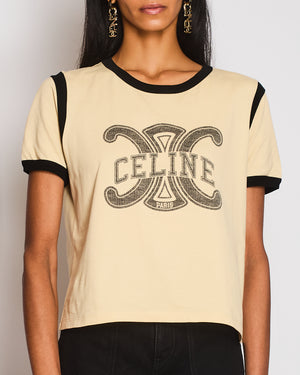 Celine Beige Triomphe Logo T-Shirt with Black Trim Detail Size M (UK 10)