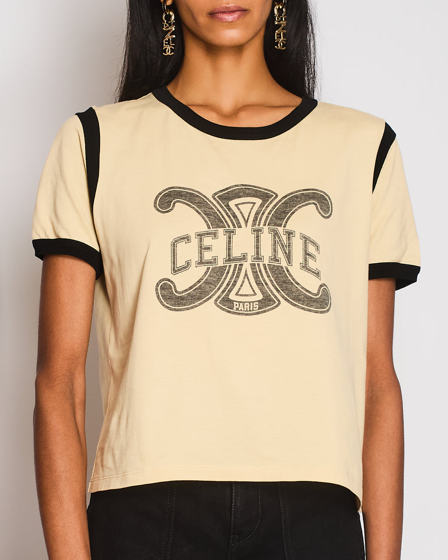Celine Beige Triomphe Logo T-Shirt with Black Trim Detail Size M (UK 10)