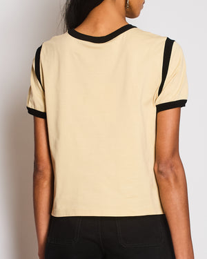 Celine Beige Triomphe Logo T-Shirt with Black Trim Detail Size M (UK 10)
