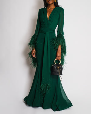 Bronx & Banco Emerald Green V-Neck Maxi Dress with Feather Trim Detail Size XS (UK 6)