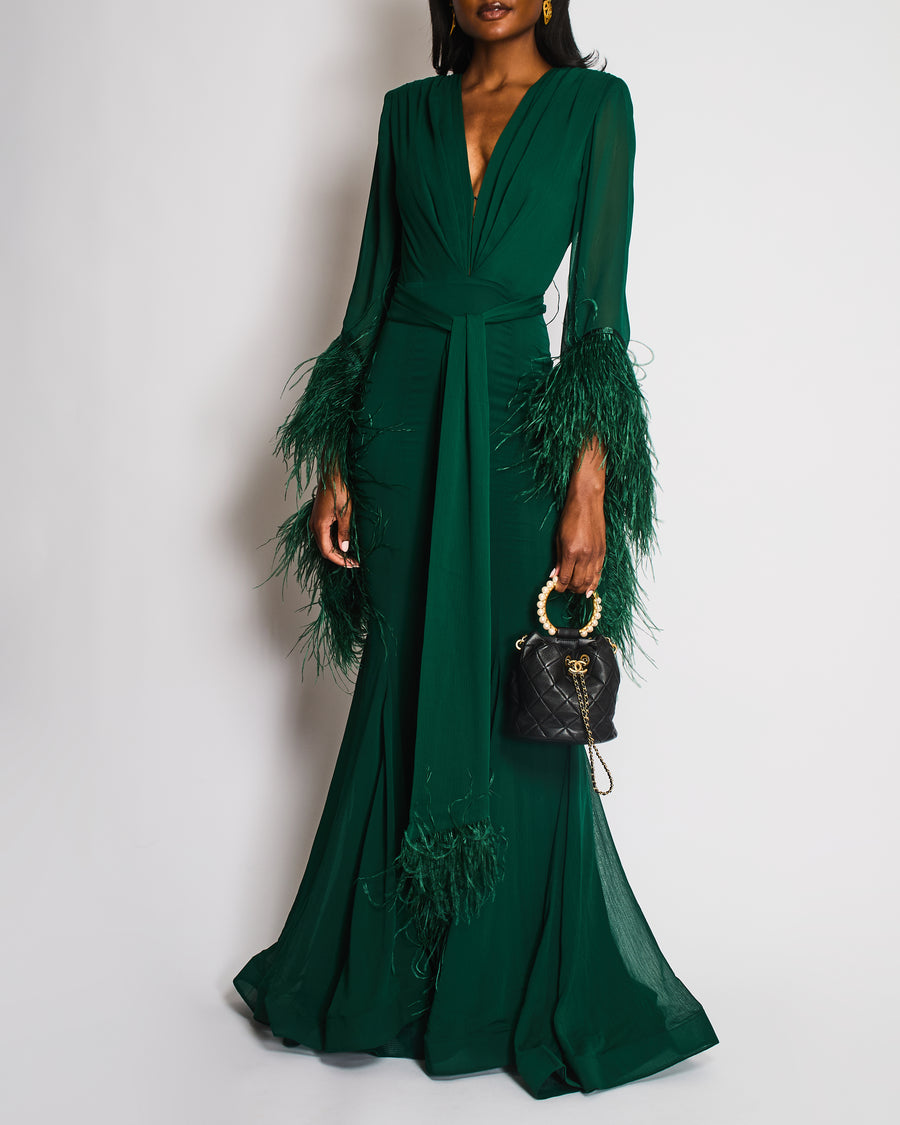 Bronx & Banco Emerald Green V-Neck Maxi Dress with Feather Trim Detail Size XS (UK 6)