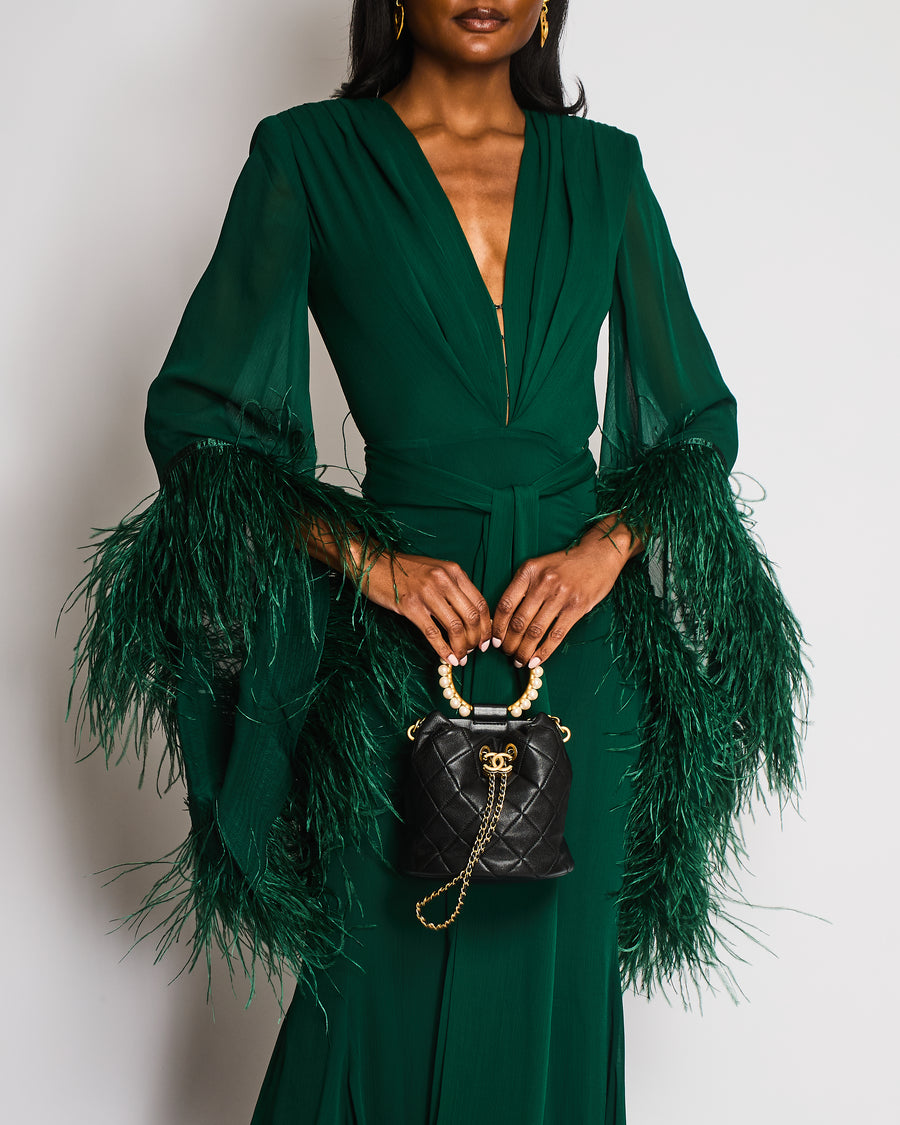 Bronx & Banco Emerald Green V-Neck Maxi Dress with Feather Trim Detail Size XS (UK 6)