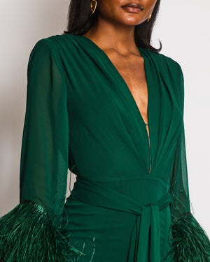Bronx & Banco Emerald Green V-Neck Maxi Dress with Feather Trim Detail Size XS (UK 6)