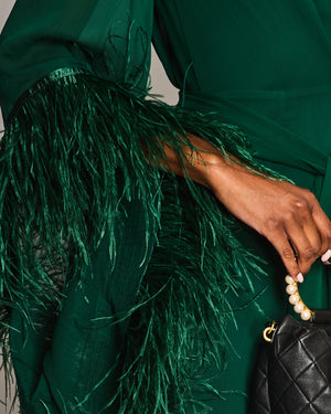 Bronx & Banco Emerald Green V-Neck Maxi Dress with Feather Trim Detail Size XS (UK 6)