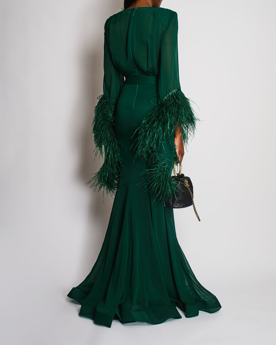 Bronx & Banco Emerald Green V-Neck Maxi Dress with Feather Trim Detail Size XS (UK 6)