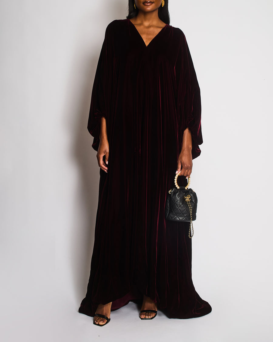 Christian Dior Burgundy Ruched Sleeve V-Neck Velvet Maxi Dress Size FR 36 (UK 8)