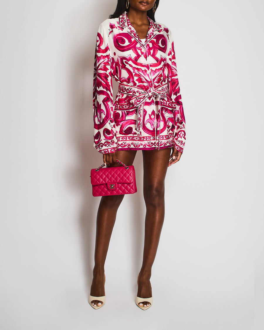 Dolce & Gabbana Pink Majolica Print Silk Shirt With Matching Belt Size IT 44 (UK 12)