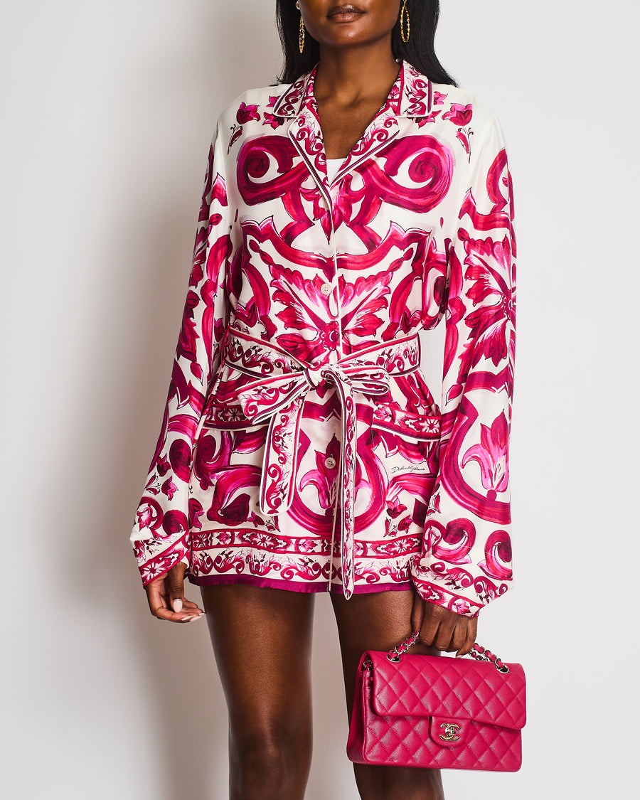 Dolce & Gabbana Pink Majolica Print Silk Shirt With Matching Belt Size IT 44 (UK 12)