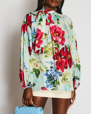 Dolce & Gabbana Light Blue and Red Floral Print Silk Shirt With Bow Tie Neckline Detail Size IT 42 (UK 10) RRP £1,200