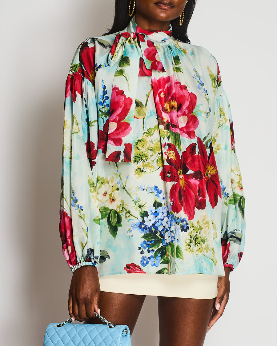 Dolce & Gabbana Light Blue and Red Floral Print Silk Shirt With Bow Tie Neckline Detail Size IT 42 (UK 10) RRP £1,200