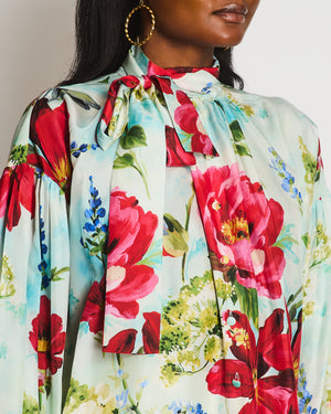Dolce & Gabbana Light Blue and Red Floral Print Silk Shirt With Bow Tie Neckline Detail Size IT 42 (UK 10) RRP £1,200