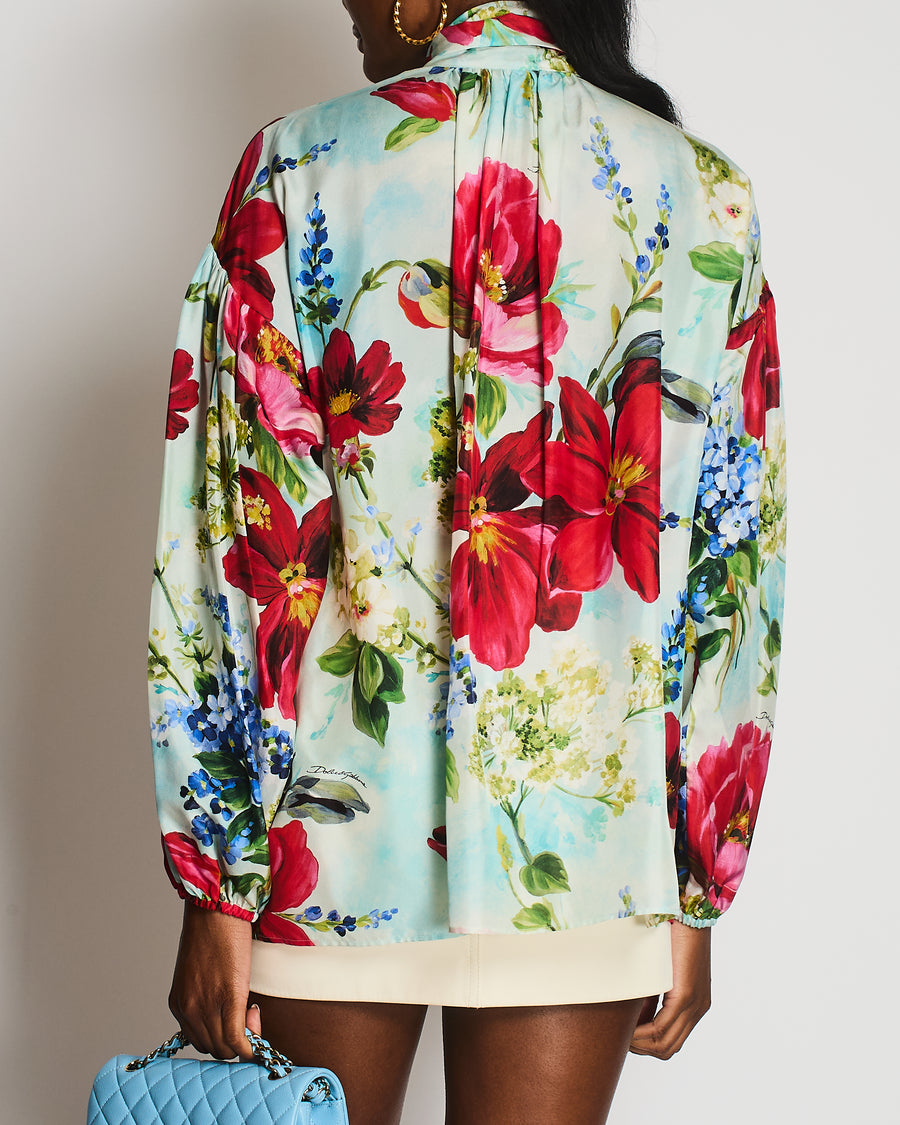 Dolce & Gabbana Light Blue and Red Floral Print Silk Shirt With Bow Tie Neckline Detail Size IT 42 (UK 10) RRP £1,200