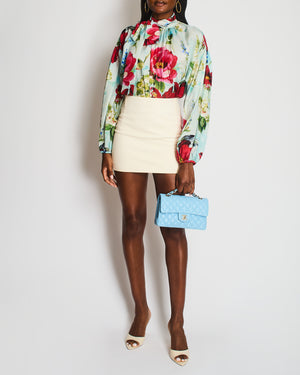 Dolce & Gabbana Light Blue and Red Floral Print Silk Shirt With Bow Tie Neckline Detail Size IT 42 (UK 10) RRP £1,200
