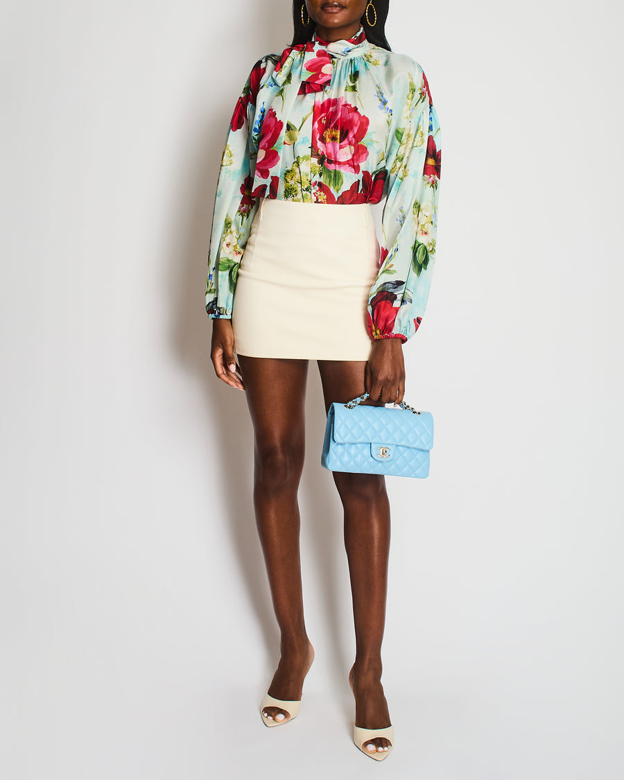 Dolce & Gabbana Light Blue and Red Floral Print Silk Shirt With Bow Tie Neckline Detail Size IT 42 (UK 10) RRP £1,200