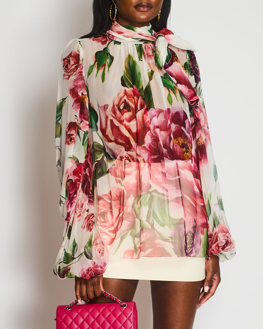 Dolce & Gabbana White, Green and Pink Tie Neckline Floral Silk Blouse Size IT 44 (UK 12)