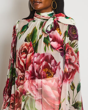 Dolce & Gabbana White, Green and Pink Tie Neckline Floral Silk Blouse Size IT 44 (UK 12)