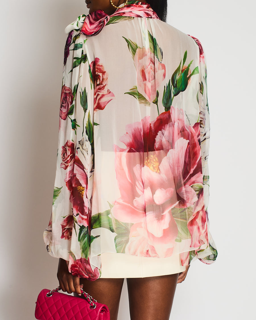 Dolce & Gabbana White, Green and Pink Tie Neckline Floral Silk Blouse Size IT 44 (UK 12)