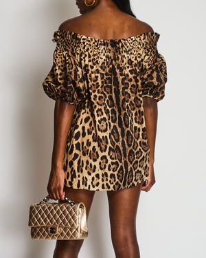 Dolce & Gabbana Leopard Off Shoulder Top With Rushed Neckline Size IT 46 (UK 14)