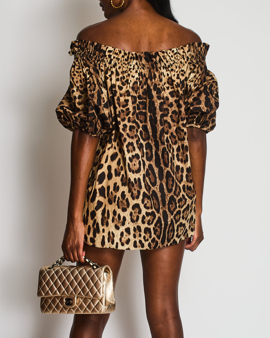 Dolce & Gabbana Leopard Off Shoulder Top With Rushed Neckline Size IT 46 (UK 14)