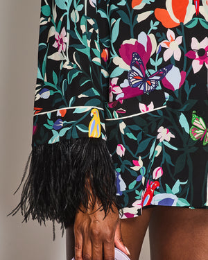 Valentino Multicoloured Floral Silk Shirt With Feather Sleeves Details Size IT 46 (UK 14)