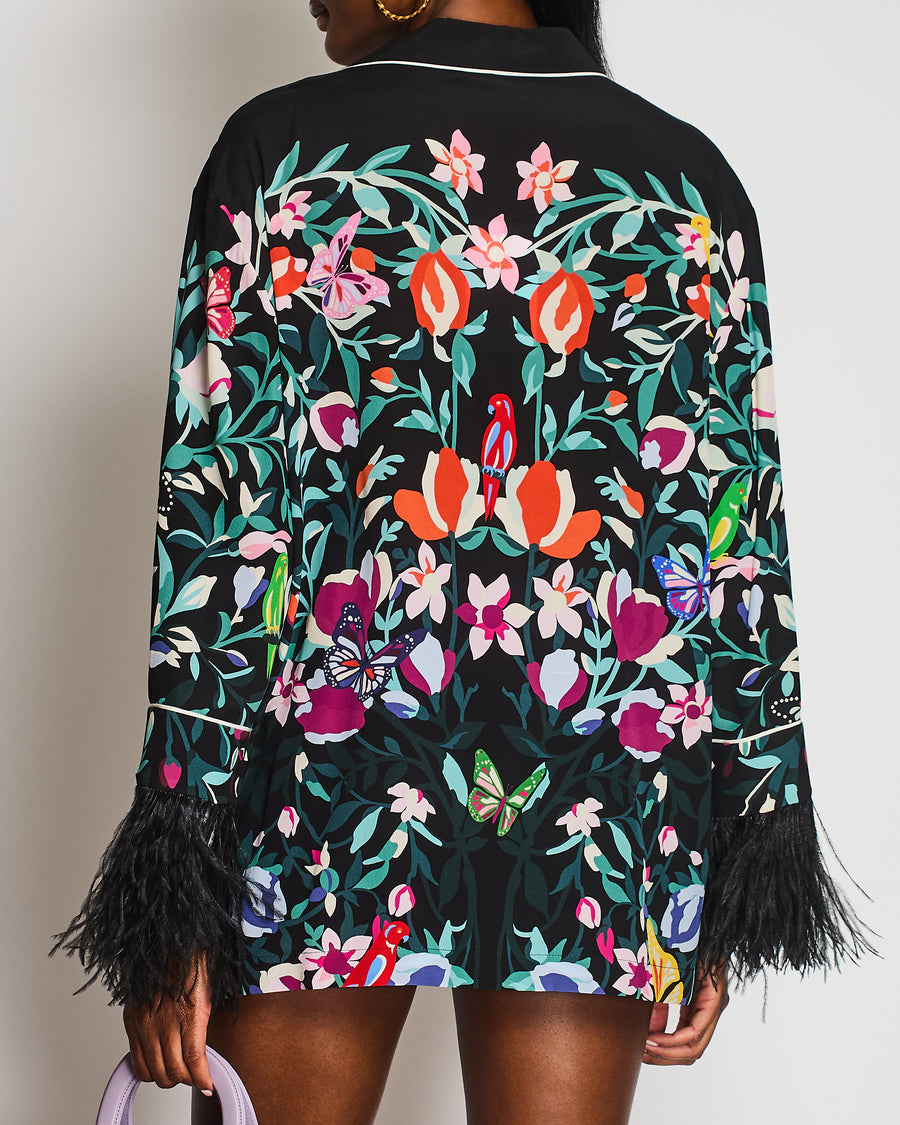 Valentino Multicoloured Floral Silk Shirt With Feather Sleeves Details Size IT 46 (UK 14)