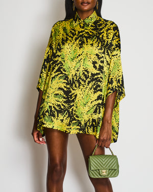 Balenciaga Black and Yellow Mimosa Print Silk Short Sleeves Oversized Shirt Size FR 38 (UK 10)