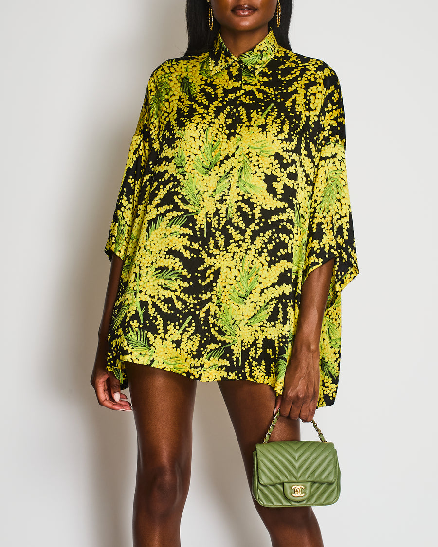 Balenciaga Black and Yellow Mimosa Print Silk Short Sleeves Oversized Shirt Size FR 38 (UK 10)