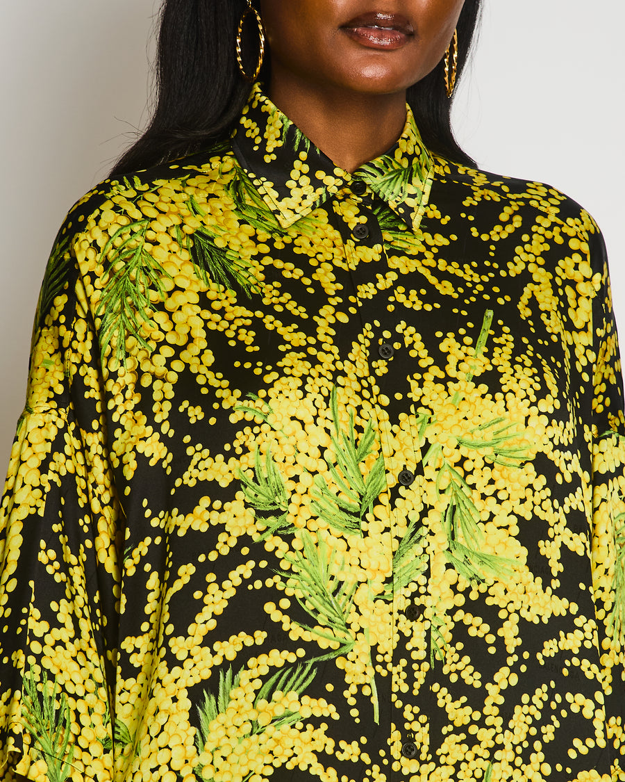 Balenciaga Black and Yellow Mimosa Print Silk Short Sleeves Oversized Shirt Size FR 38 (UK 10)