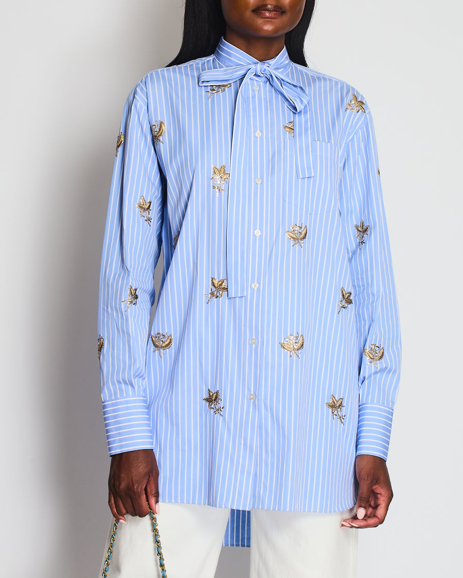 Valentino Blue Striped Oversized Shirt With Gold Floral Embroideries and Tie Neckline Details Size IT 42 (UK 10)