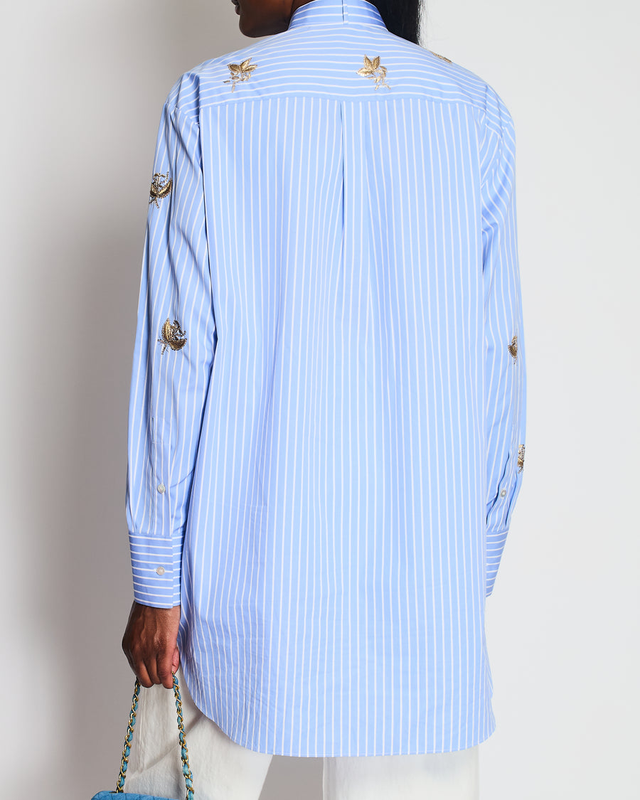 Valentino Blue Striped Oversized Shirt With Gold Floral Embroideries and Tie Neckline Details Size IT 42 (UK 10)