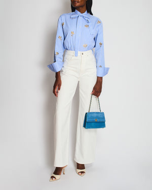 Valentino Blue Striped Oversized Shirt With Gold Floral Embroideries and Tie Neckline Details Size IT 42 (UK 10)