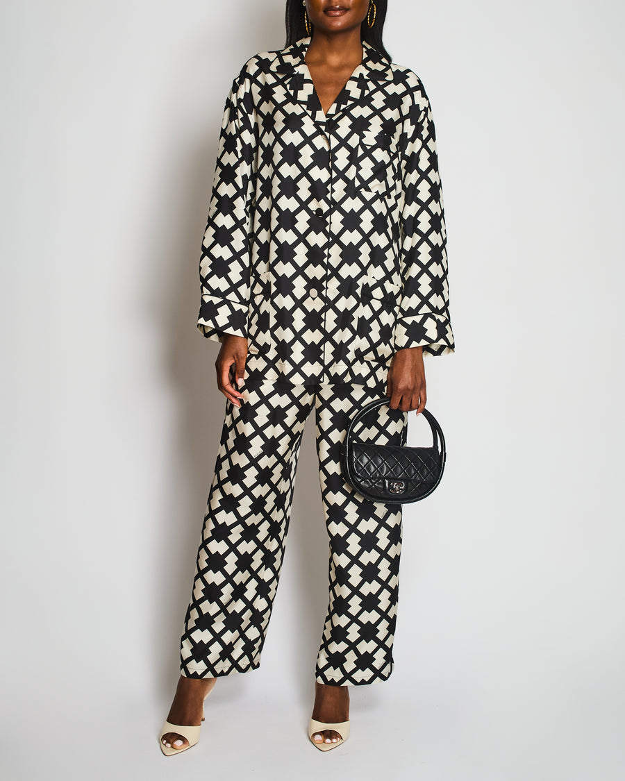 Gucci Black and White Geometric Print Silk Shirt and Trousers Set Size IT 44/46 (UK 12/14)